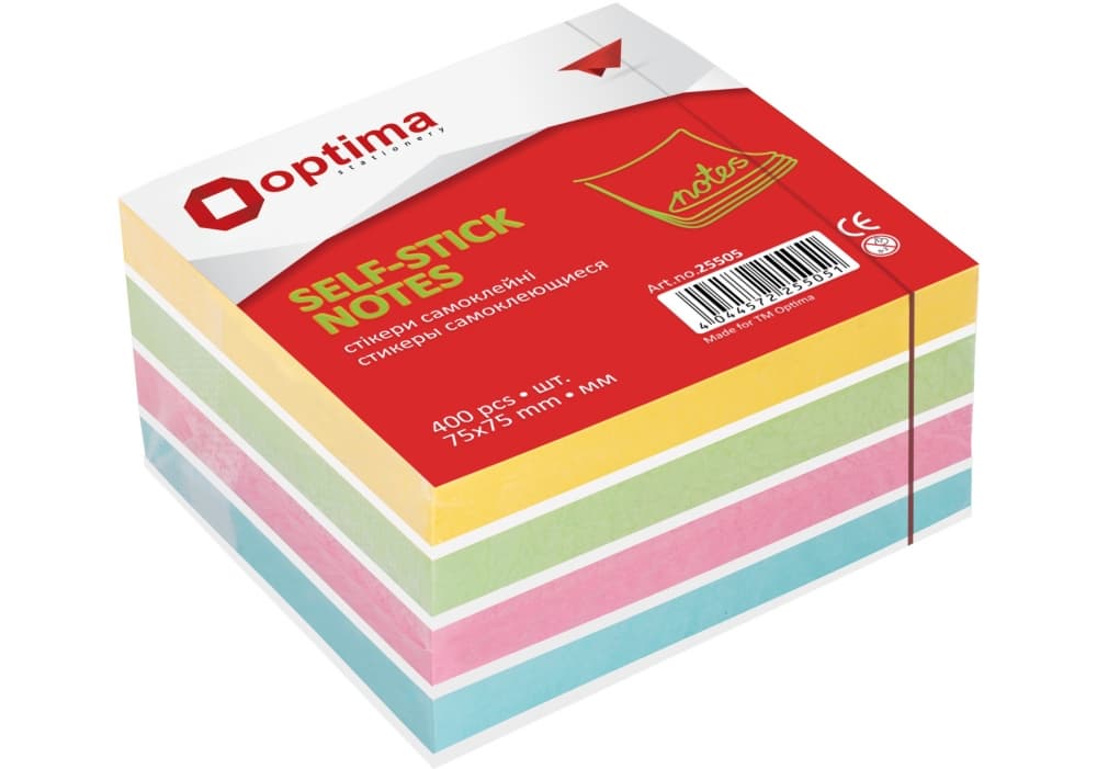 Блок/зам. липк. краєм 75х75мм 400арк. 4кольор. "Optima" №O25505 — купити | Канцелярський Сад