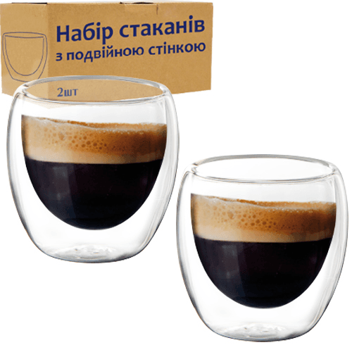 Набір стаканів скло (2шт) 100мл з подвійною стінкою №202-5/S&T — купити | Канцелярський Сад
