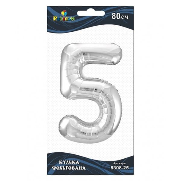 Кулька повітр. фольгована "Цифра-5" 80см срібло №830825/Pelican — купити | Канцелярський Сад