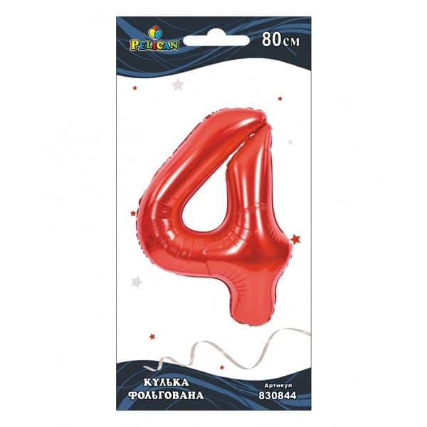 Кулька повітр. фольгована "Цифра-4" 80см червона №830844/Pelican — купити | Канцелярський Сад