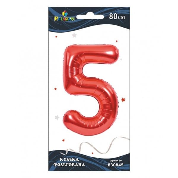 Кулька повітр. фольгована "Цифра-5" 80см червона №830845/Pelican — купити | Канцелярський Сад