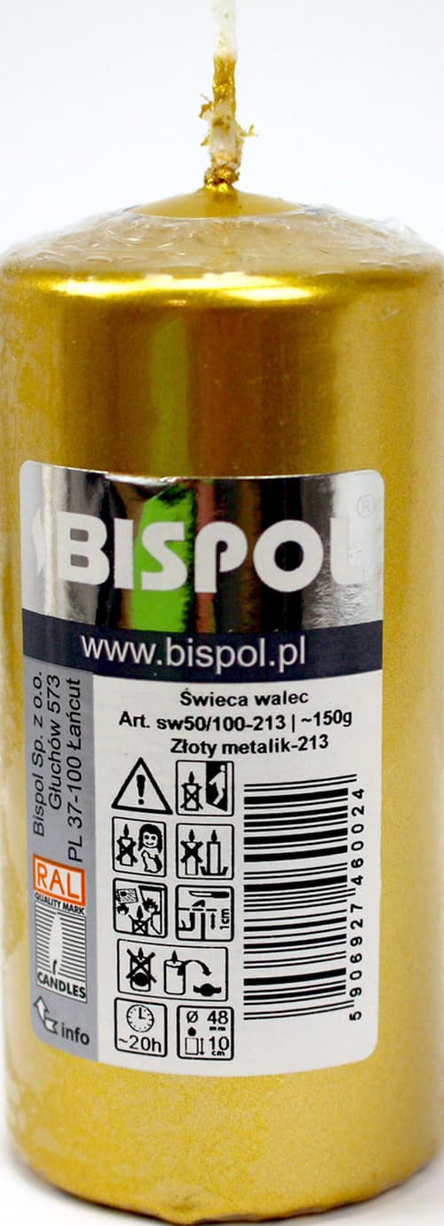 Свічка циліндр."Bispol" 50/100 h-20см/d-5х10см золотий металік 213/Польща — фото 3