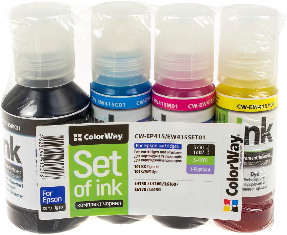 Чорнило к-кт ColorWayEpsonL-4150/4160/6160/6170 127мл+3х70мл black,cyan,magenta,yellow — купити | Канцелярський Сад