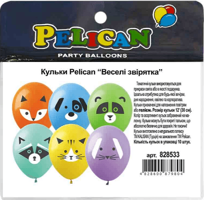 Набір кульок повітр. "Веселі звірятка" 12"/30см 10шт №828533/Pelican — купити | Канцелярський Сад