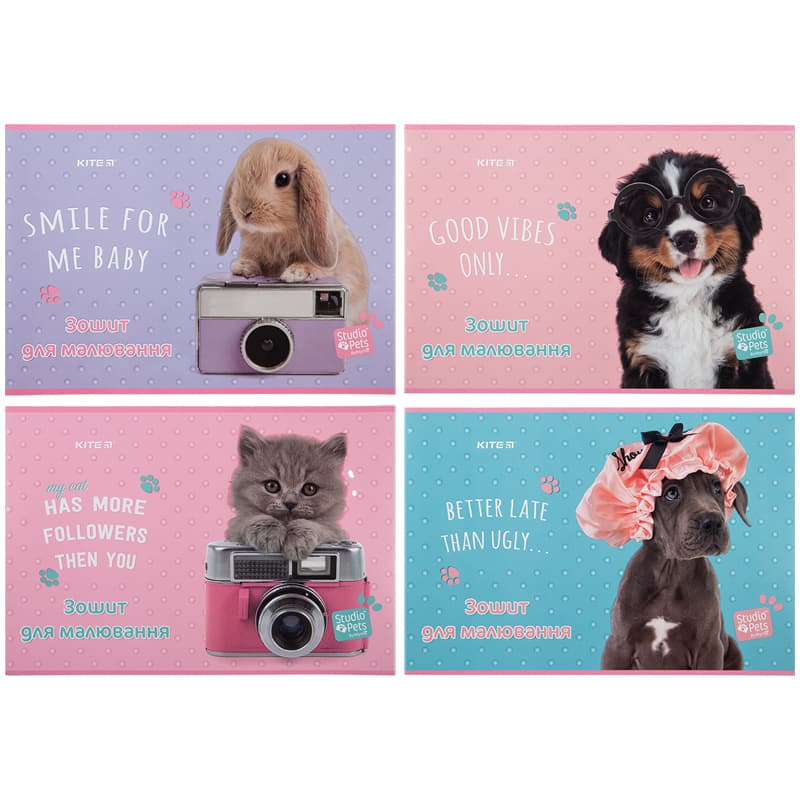 Зошит для малюв. на скобі 12/100 А4 "Studio Pets" софт тач+УФ лак №SP23-241/Kite — купити | Канцелярський Сад