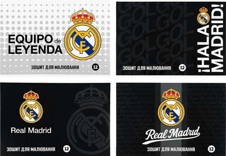 Зошит для малюв. на скобі 12/100 А4 "FC Real Madrid" гібр. лак+УФ №RL26-241/Kite — купити | Канцелярський Сад