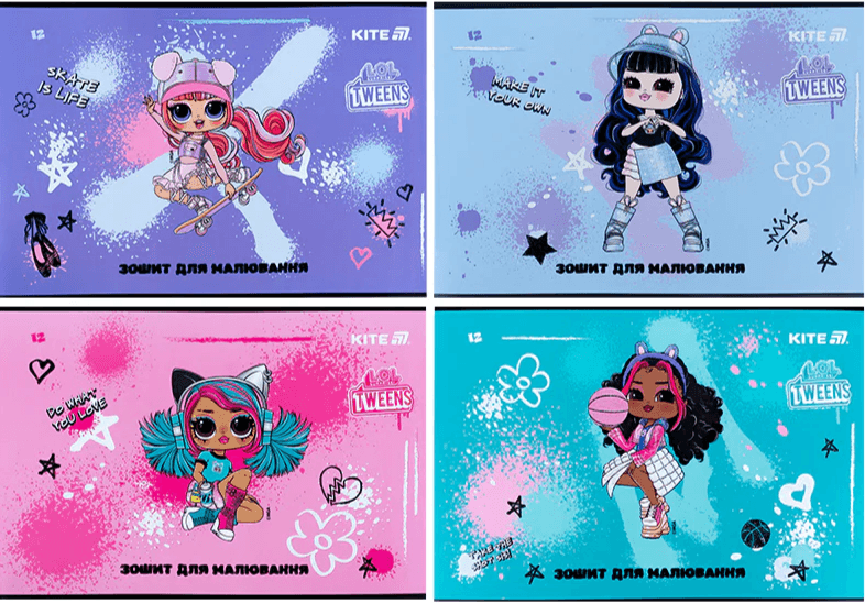 Зошит для малюв. на скобі 12/100 А4 "LOL" УФ лак + глітер №LO25-241/Kite — купити | Канцелярський Сад