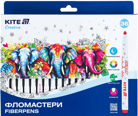 Фломастери "Kite" 36кольор. Creative Superwashable №K-1154 — купити | Канцелярський Сад