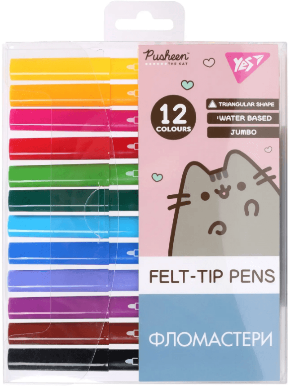 Фломастери "Yes" 12кольор. Jumbo "Pusheen" №650589 — купити | Канцелярський Сад