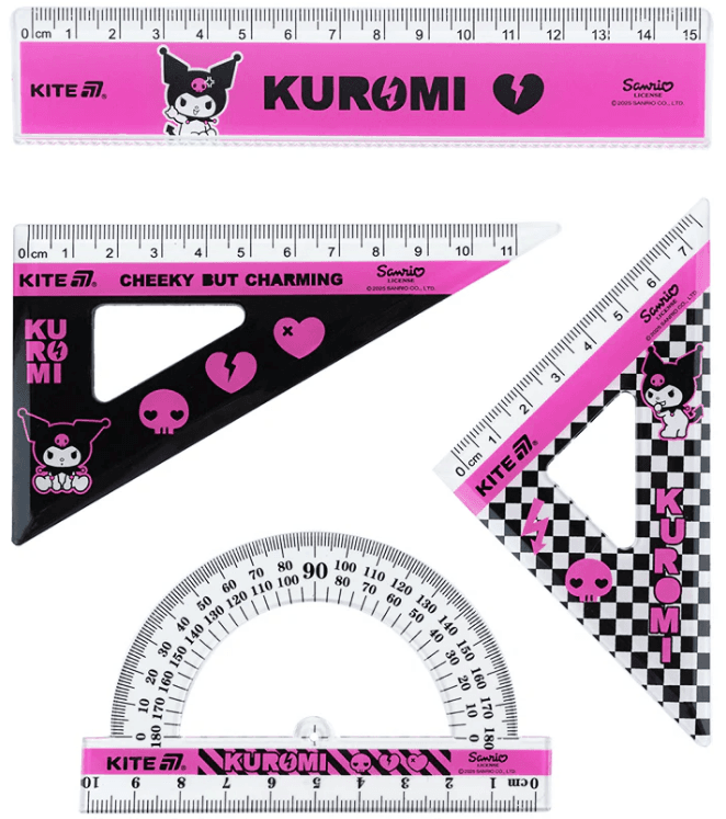 Набір геометричний "Kite" №HK25-282 Kuromi (лінійка 15см,2 косинця,транспортир) — купити | Канцелярський Сад