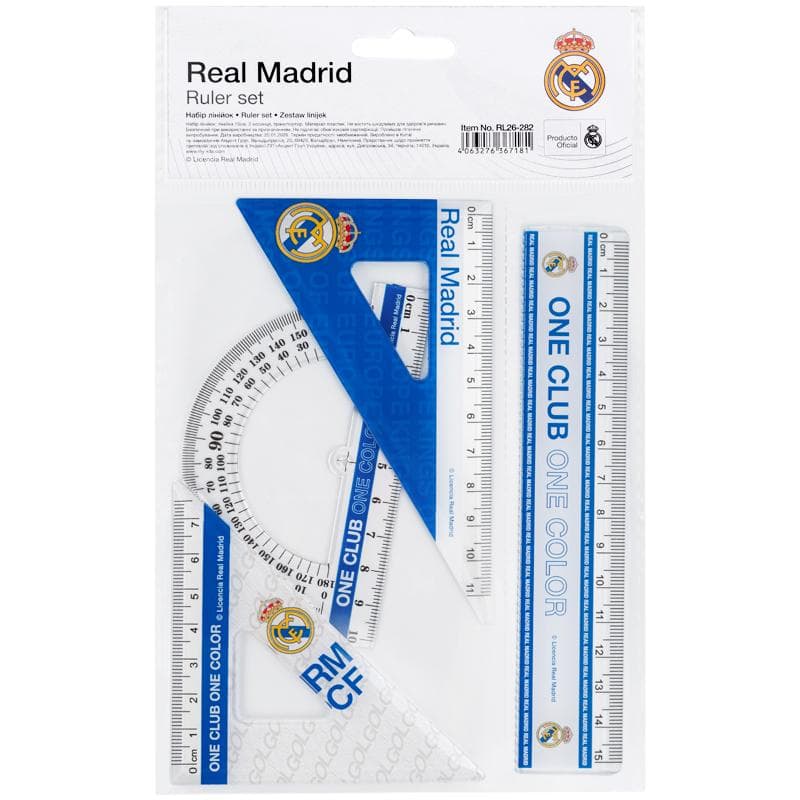 Набір геометричний "Kite" №RL26-282 Real Madrid (лінійка 15см,2 косинця,транспортир) — фото товару | Канцелярський Сад
