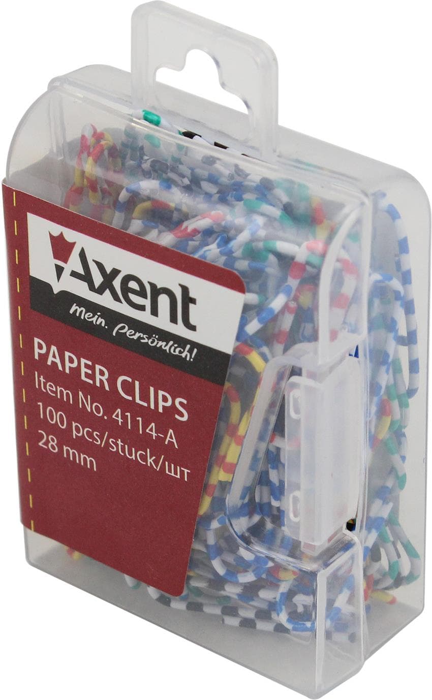 Скріпки "Axent" №4114 28мм (100шт) кольорові смугасті,пласт. контейнер — купити | Канцелярський Сад