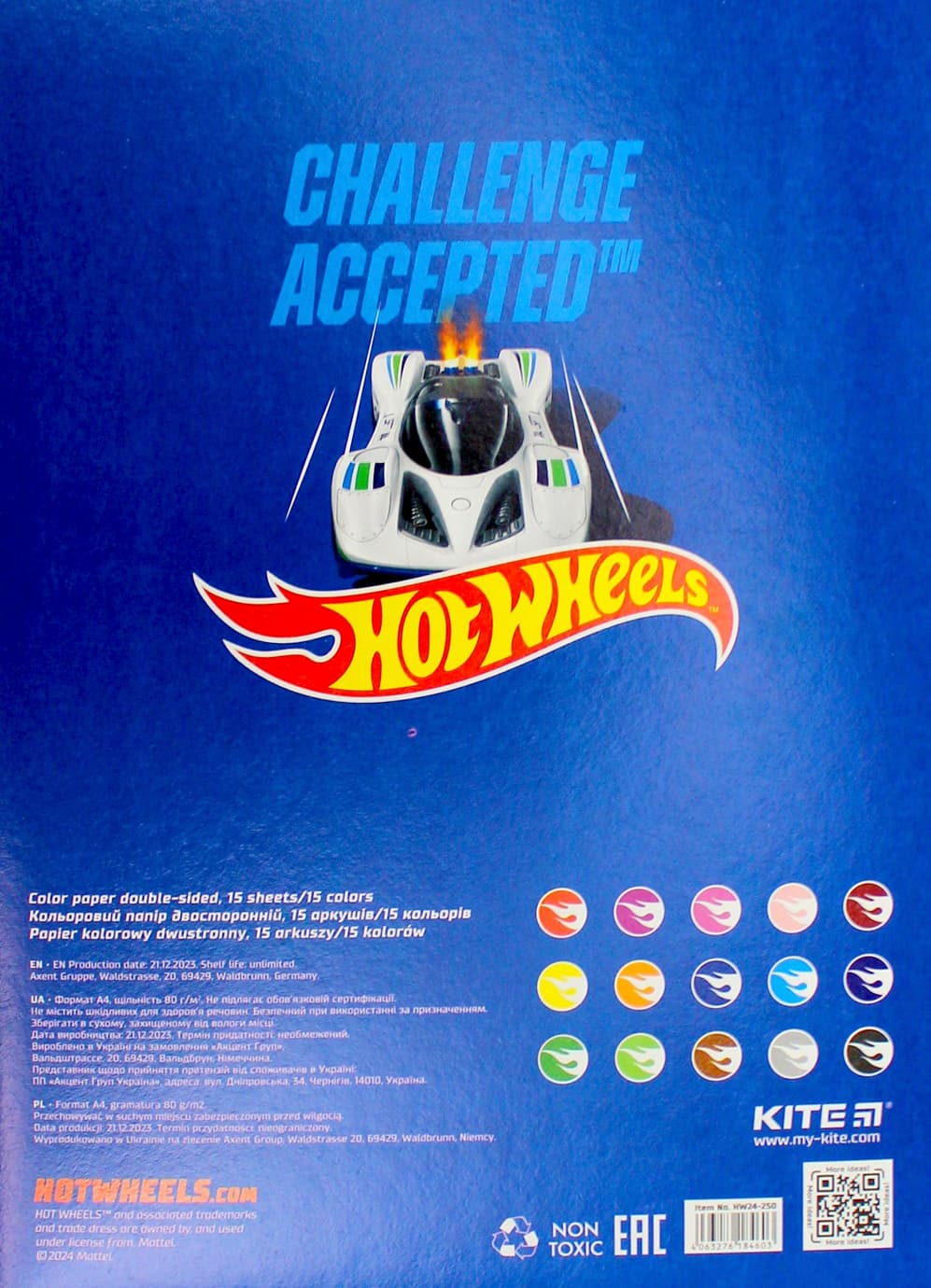 Папір кольор. А4 двостор. 15арк./ 15кольор. Hot Wheels №HW24-250/Kite — фото 5