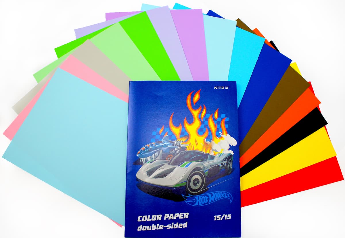 Папір кольор. А4 двостор. 15арк./ 15кольор. Hot Wheels №HW24-250/Kite — фото товару | Канцелярський Сад