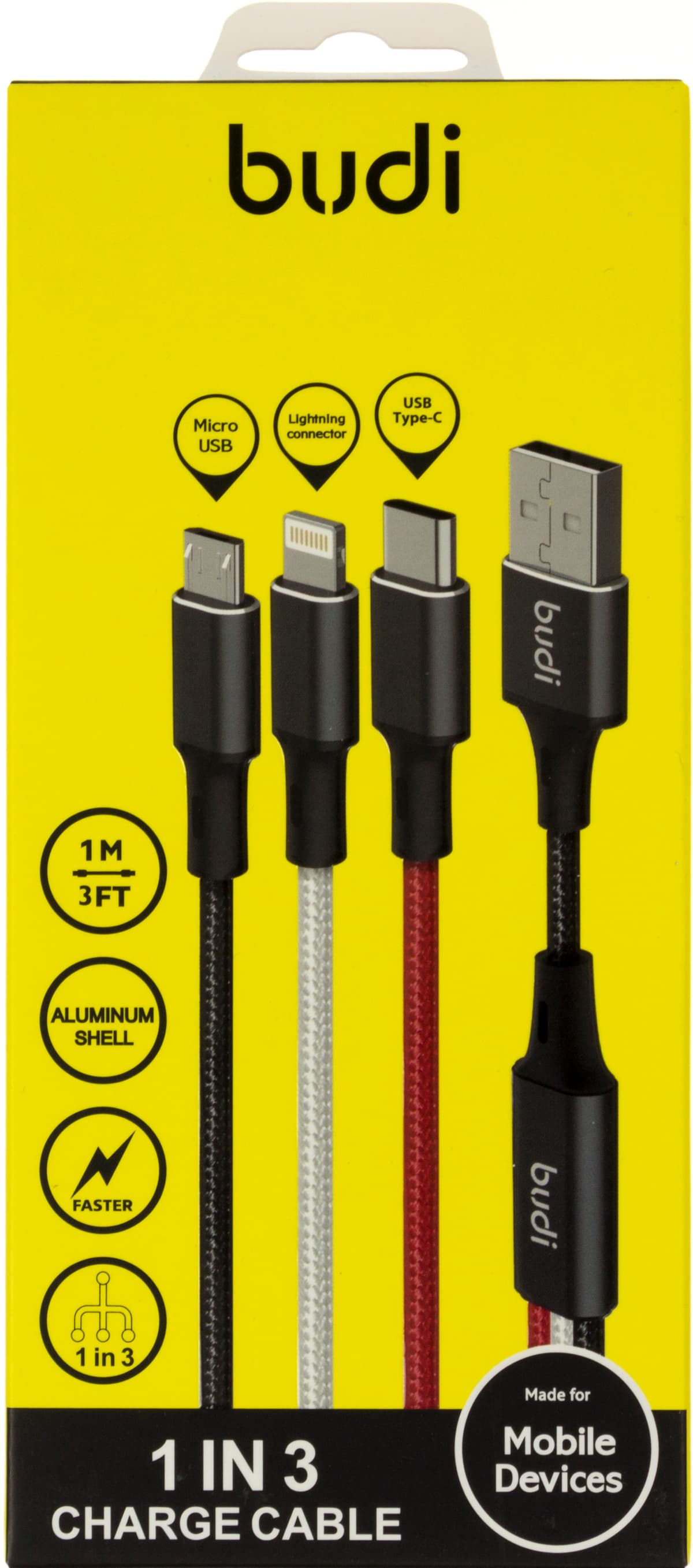 Кабель USB > lightning + Type-C + microUSB Budi №DC203A2-BLK 3в1 1m color/Breidon — купити | Канцелярський Сад