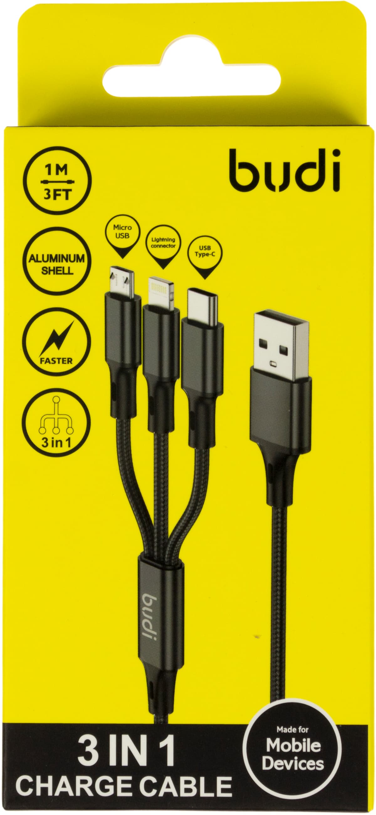 Кабель USB > lightning + Type-C + microUSB Budi №DC203A8B-BLK 3в1 1m black/Breidon — купити | Канцелярський Сад