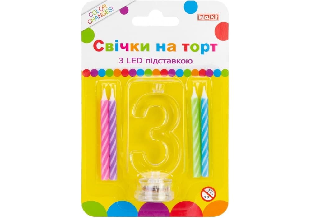 Набір свічок в торт "Maxi" 4шт з LED,що світиться "Цифра-3" №MX701007-3 — купити | Канцелярський Сад