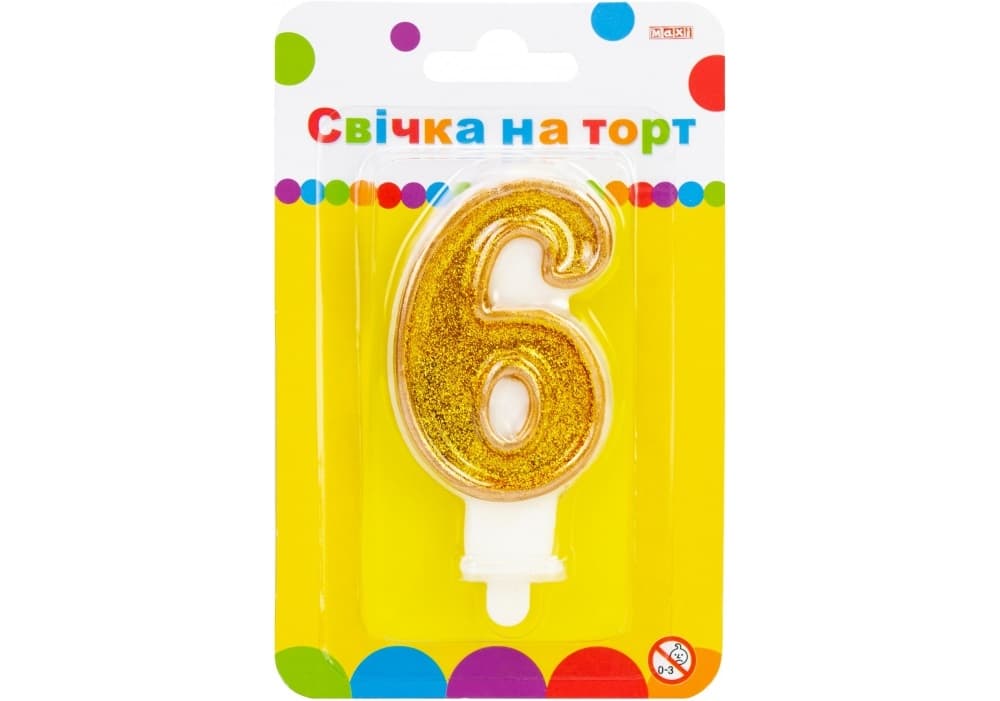 Свічка в торт "Цифра-6" золотиста 7,62см з блискітками №MX622083-6 — купити | Канцелярський Сад