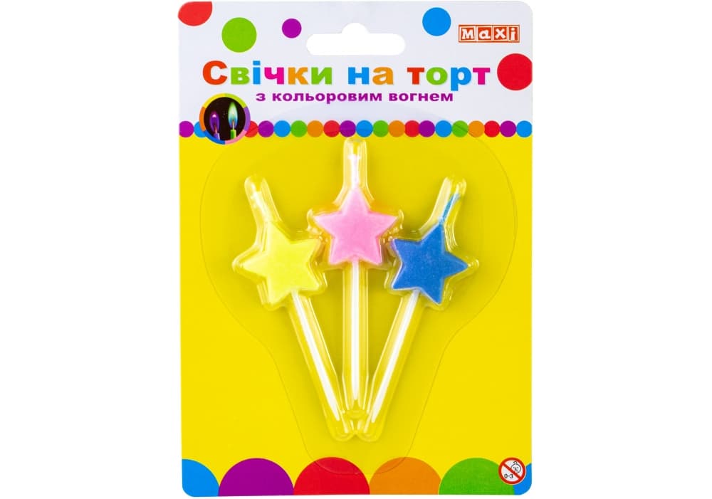 Набір свічок в торт "Stars" 3шт з кольор. вогнем №MX620224-3сt/Maxi — купити | Канцелярський Сад
