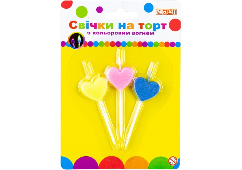 Набір свічок в торт "Hearts" 3шт з кольор. вогнем №MX620225-3сt/Maxi — купити | Канцелярський Сад