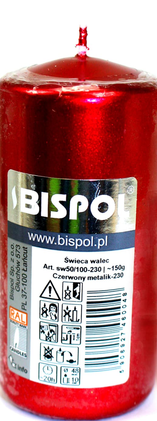 Свічка циліндр. "Bispol" 50/100 d-5х10см металік червона 230/Польща — фото 3