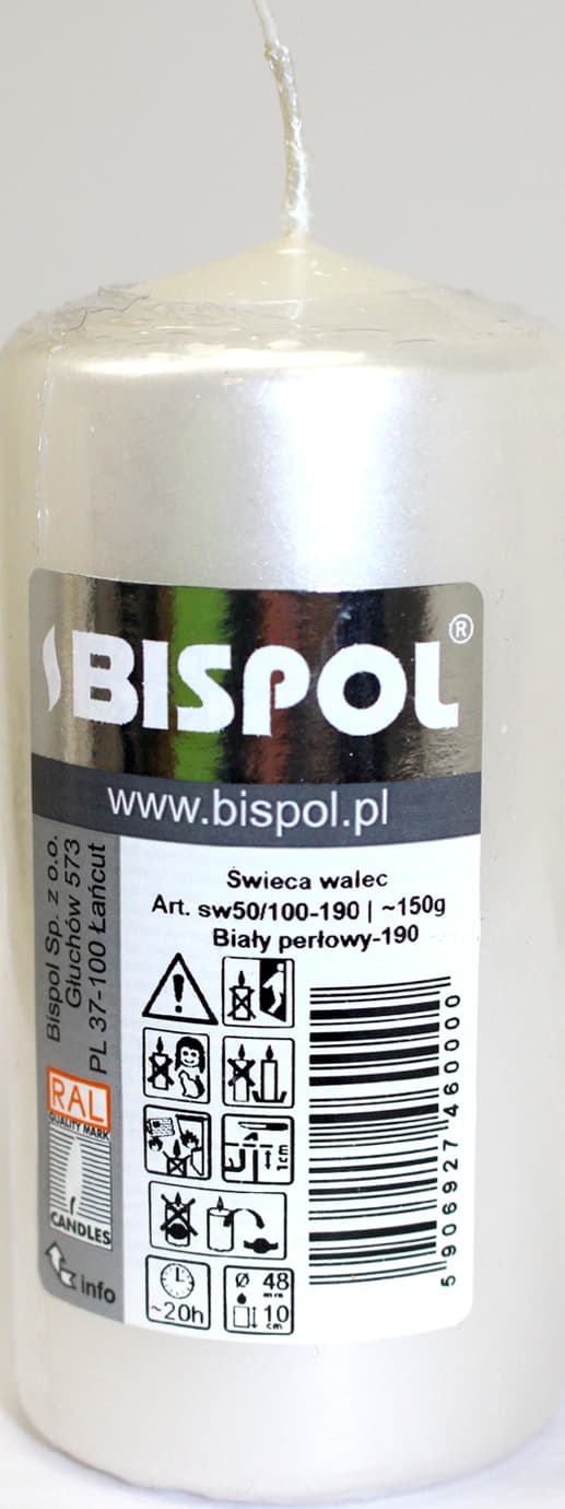 Свічка циліндр."Bispol" 50/100 h-20см/d-5х10см білий перлинний 190/Польща — фото 3