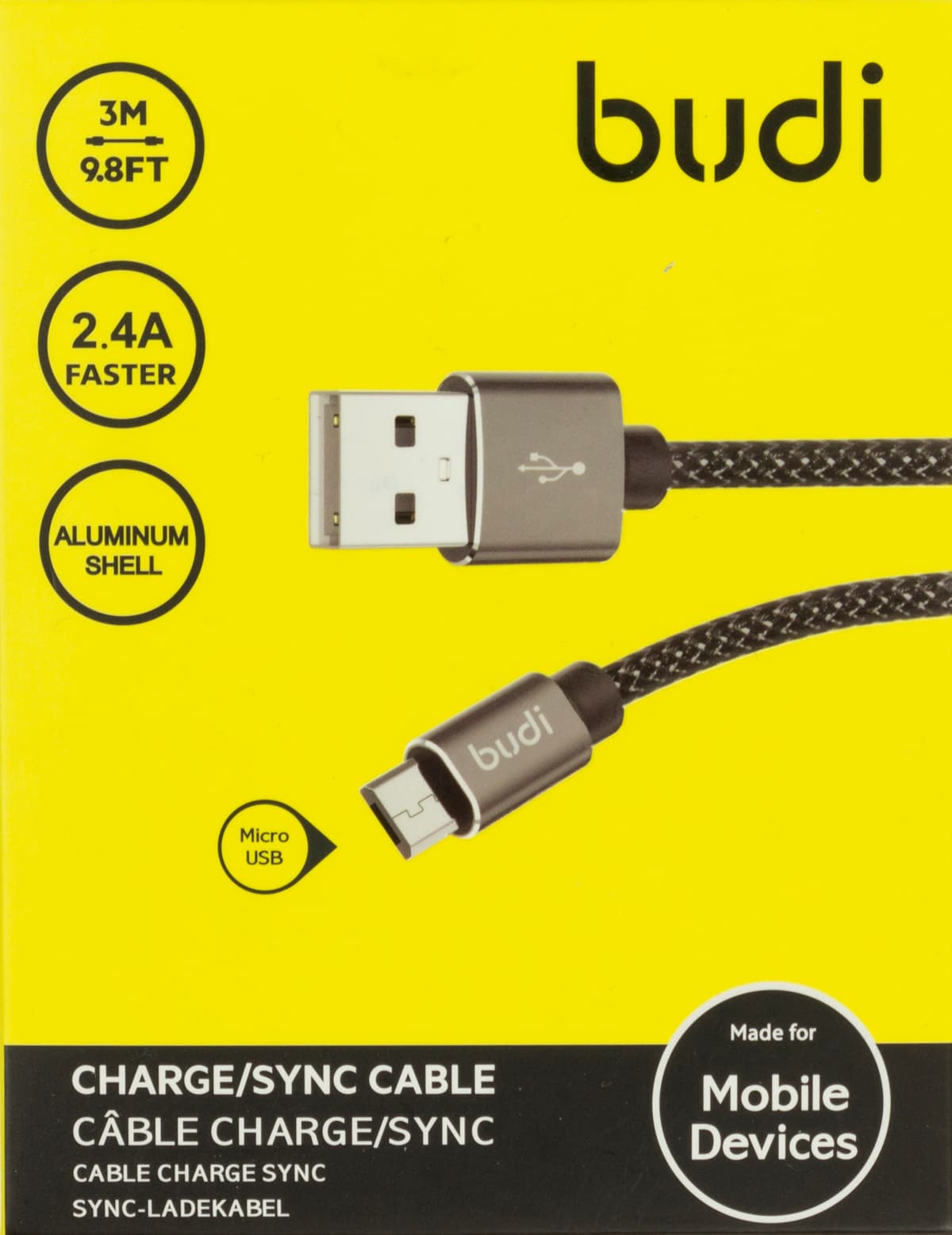 Кабель USB > microUSB Budi 2.4A 3м №DC206M/M8J206M09-BLK — купити | Канцелярський Сад