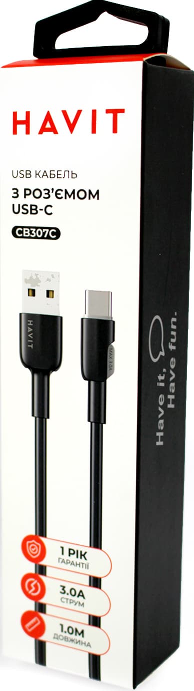 Кабель USB > Type C Havit HV-CB307C 3A 1м black — фото товару | Канцелярський Сад