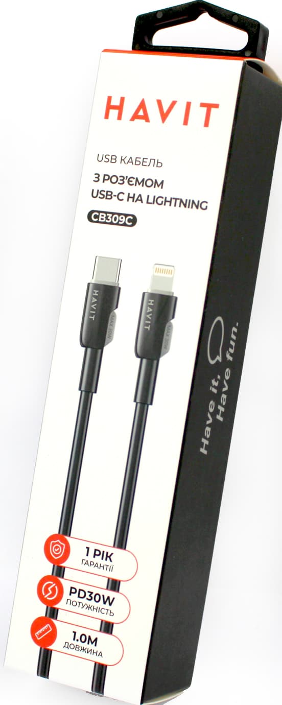 Кабель USB > Lightning+Type-C Havit HV-CB309C PD30W 3A 1м,black — фото товару | Канцелярський Сад