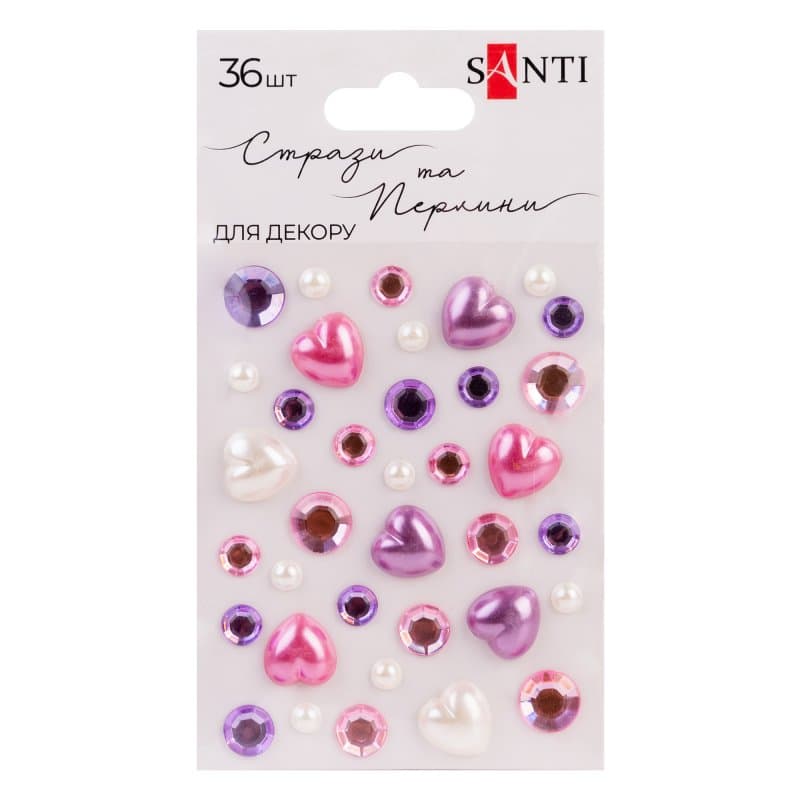 Стрази та перлини самокл. "Santi" "Heart mix" рожеві,бузкові, 36шт №743000 — купити | Канцелярський Сад