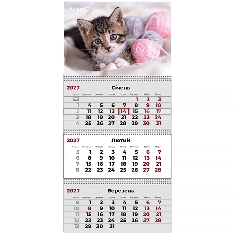 Календар кварт. настін. "Axent" "Cats 1" 2027,3 пружини №8803-27-7-А — фото товару | Канцелярський Сад