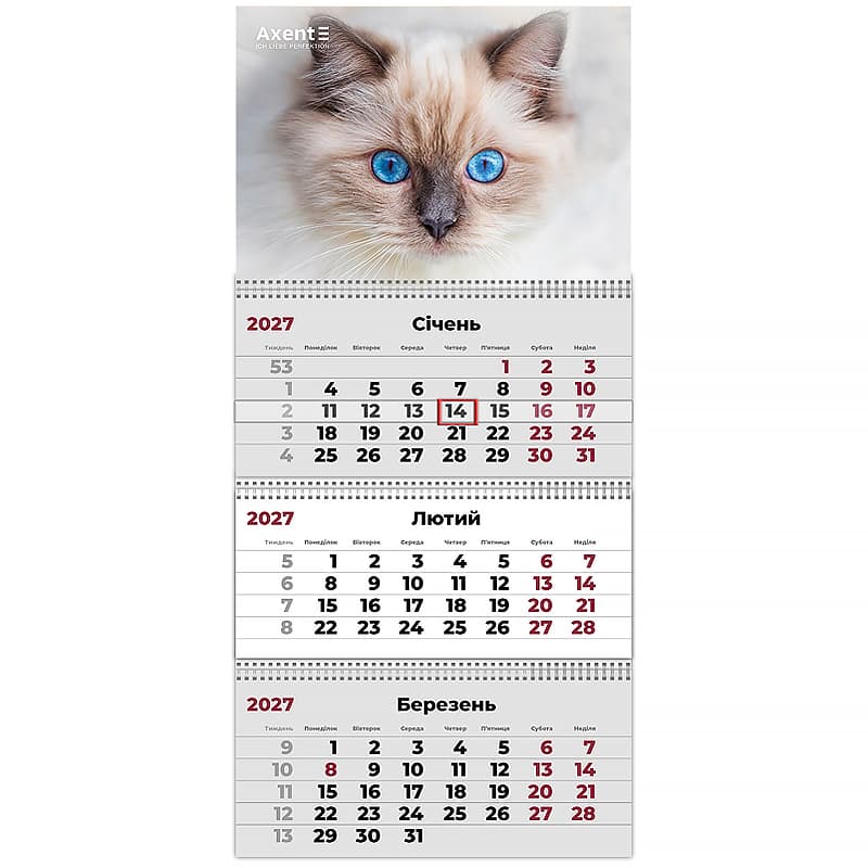 Календар кварт. настін. "Axent" "Cats 2" 2027,3 пружини №8803-27-8-А — купити | Канцелярський Сад