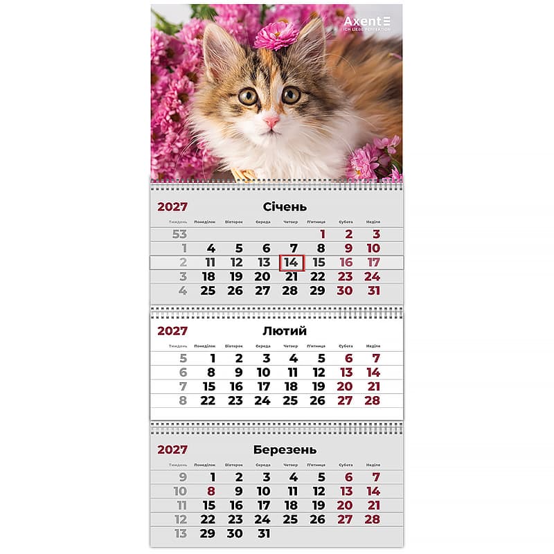Календар кварт. настін. "Axent" "Cats 3" 2027,3 пружини №8803-27-9-А — купити | Канцелярський Сад