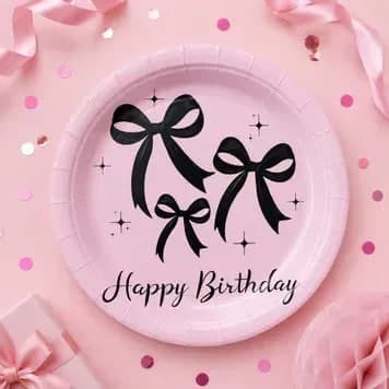 Тарілка паперова, d-230мм Happy Birthday чорні бантики на рожевому №17071 — фото товару | Канцелярський Сад