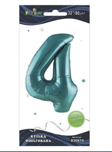 Кулька повітр. фольгована "Цифра 4" 80см тіффані №830974/Pelican — купити | Канцелярський Сад