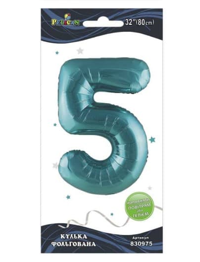 Кулька повітр. фольгована "Цифра 5" 80см тіффані №830975/Pelican — фото товару | Канцелярський Сад