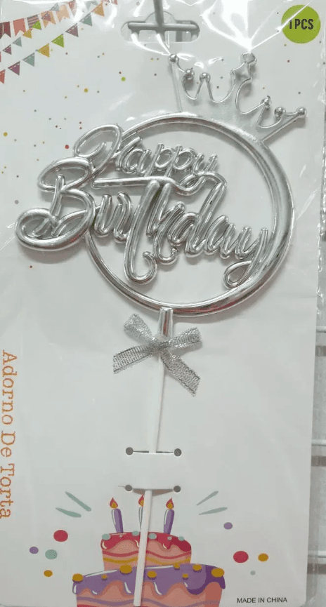 Топер для торта "Happy Birthday в колі з корона" срібло №15106 — купити | Канцелярський Сад