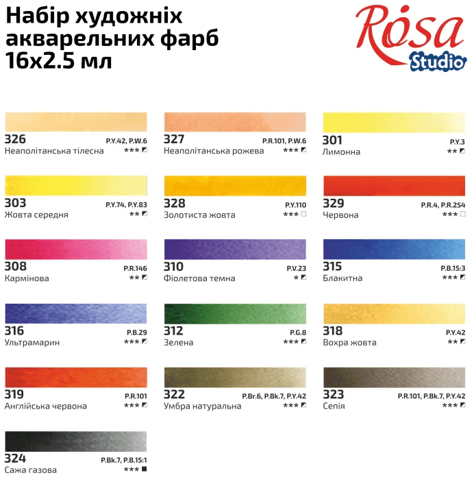 Набір акварельних фарб 16х2,5мл "Portrait" Rosa Studio кювета,картон №3405003 — фото 6