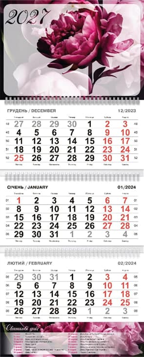 Календар кварт. настін. "Півонії" 2027, 3 пружини — фото товару | Канцелярський Сад