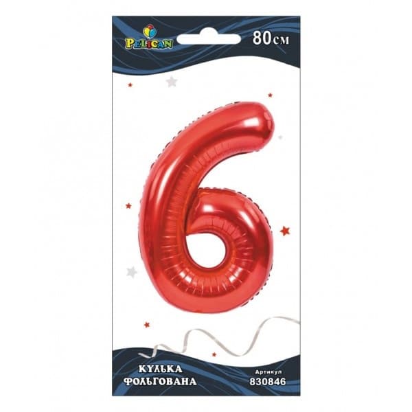 Кулька повітр. фольгована "Цифра-6" 80см червона №830846/Pelican — купити | Канцелярський Сад
