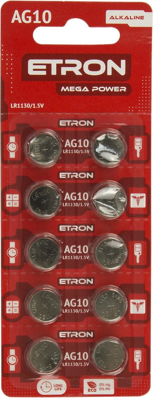 Батарейка Etron Mega Power AG10/10bl LR1130 — купити | Канцелярський Сад