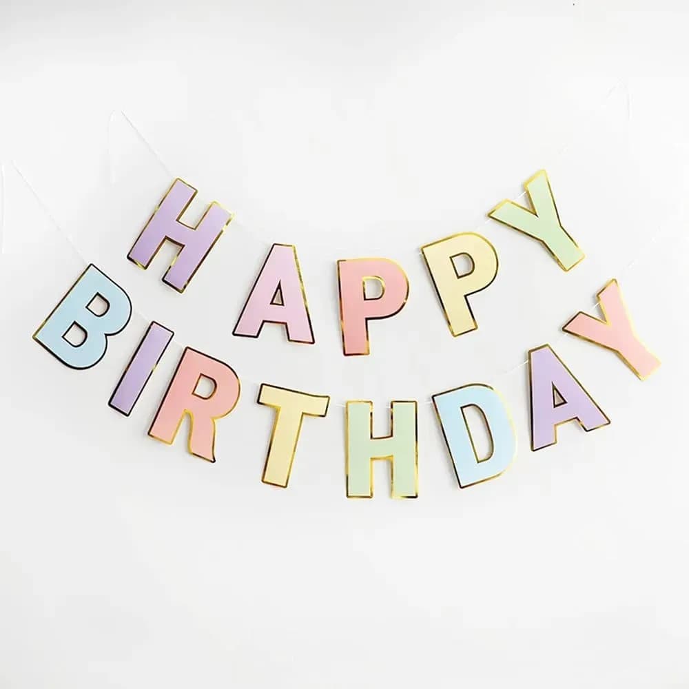 Гірлянда "Happy Birthday" друковані літери макарун золотий контур №16223 — фото товару | Канцелярський Сад
