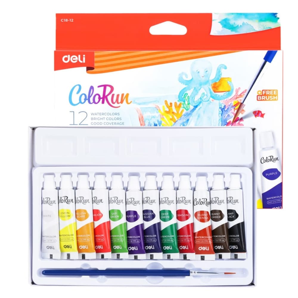 Акварель 12 кольор. "Deli" "Color ran" 5мл в тубах карт./уп.,б/п №EC18-12 — купити | Канцелярський Сад