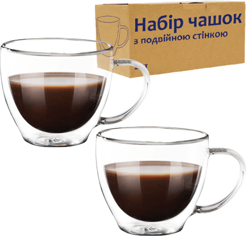 Набір чашок скло (2шт) 220мл з подвійною стінкою №202-8/S&T — купити | Канцелярський Сад