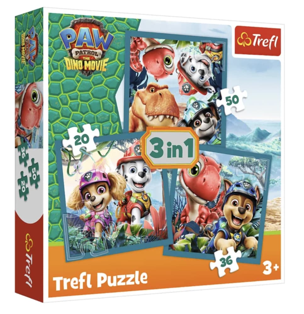 Пазли Trefl 3в1 PAW PATROL Щенячий патруль та острів динозаврів.The Dino Mowie №34903 — фото товару | Канцелярський Сад