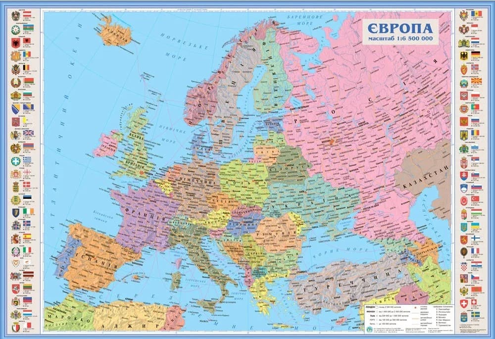 Карта "Європи" А1 політ. папір,ламін.,планка 1:6500000(100х70см)/ІПТ — купити | Канцелярський Сад