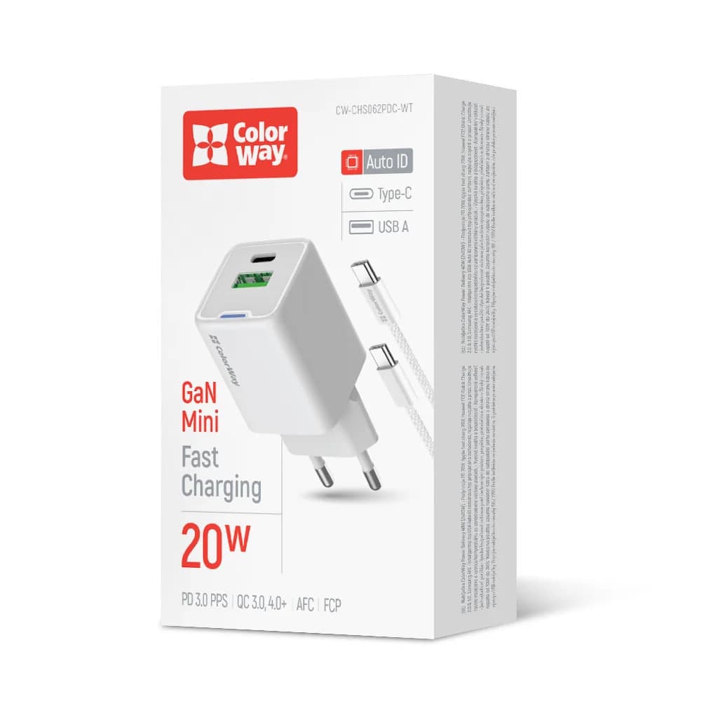 Зарядний пристрій ColorWay Gan Mini 20W PD Type-C + USB QC4.0 — купити | Канцелярський Сад