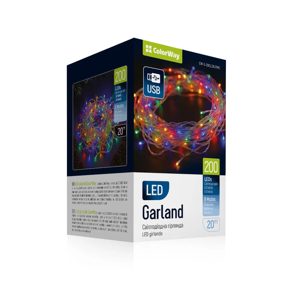 Гірлянда електрич. ColorWay 200LED 8режимів L-20м кольорова,(прозорий кабель) USB — фото товару | Канцелярський Сад