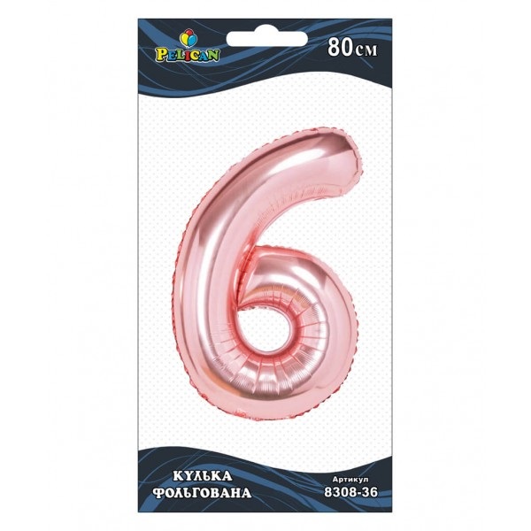 Кулька повітр. фольгована "Цифра-6" 80см рожеве золото №830836/Pelican/(1)(5) — купити | Канцелярський Сад