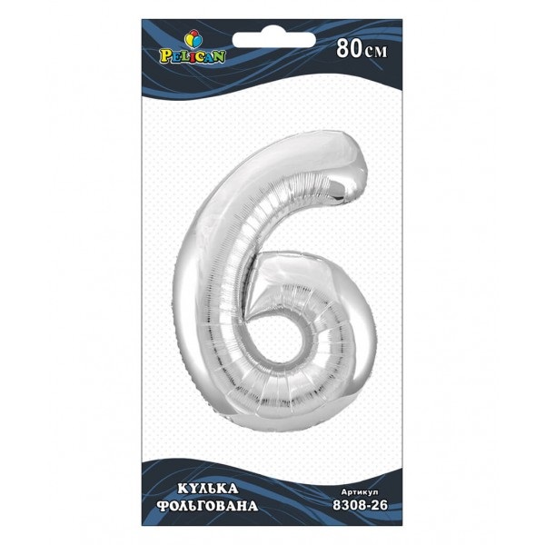 Кулька повітр. фольгована "Цифра-6" 80см срібло №830826/Pelican/(1)(10)(20) — купити | Канцелярський Сад